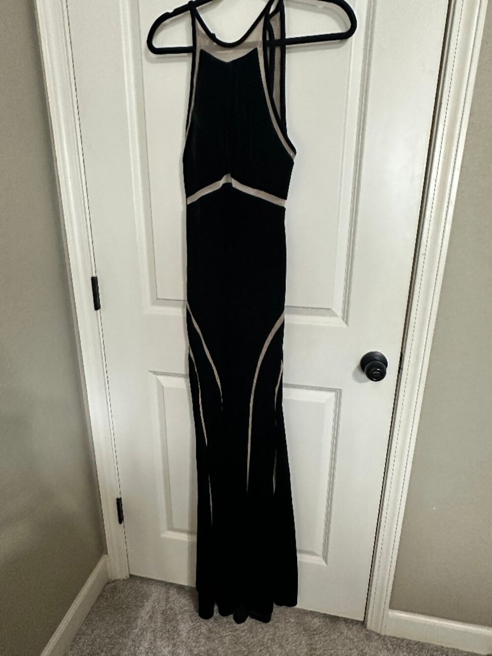 Xscape Black Velvet Halter Mermaid Gown Nude Mesh Illusion Size 6